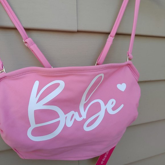 Xhilaration Pink Bikini Top Graphic "Babe" Bandeau Crop Style NWT Swimwear - Picture 5 of 9